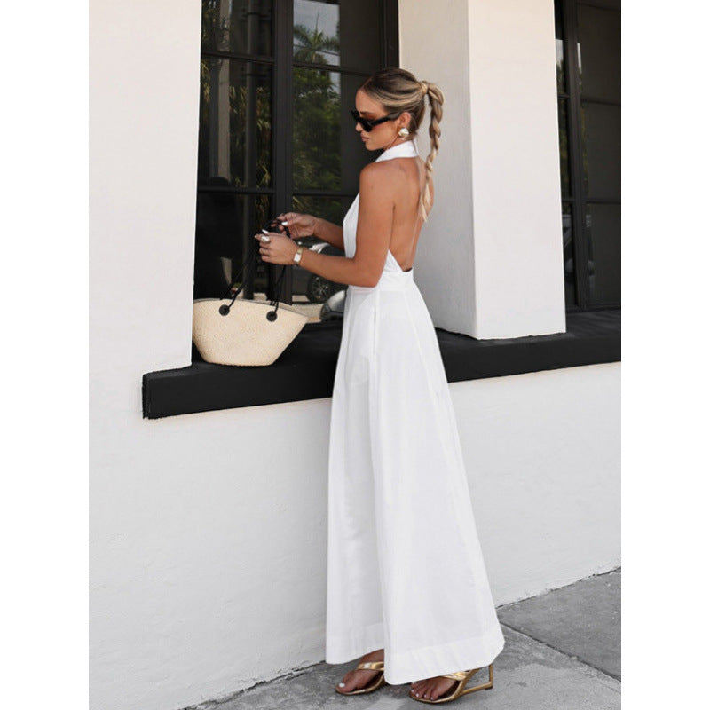 Resort-style White Pure Cotton Single-breasted Sleeveless Halter Dress For Women