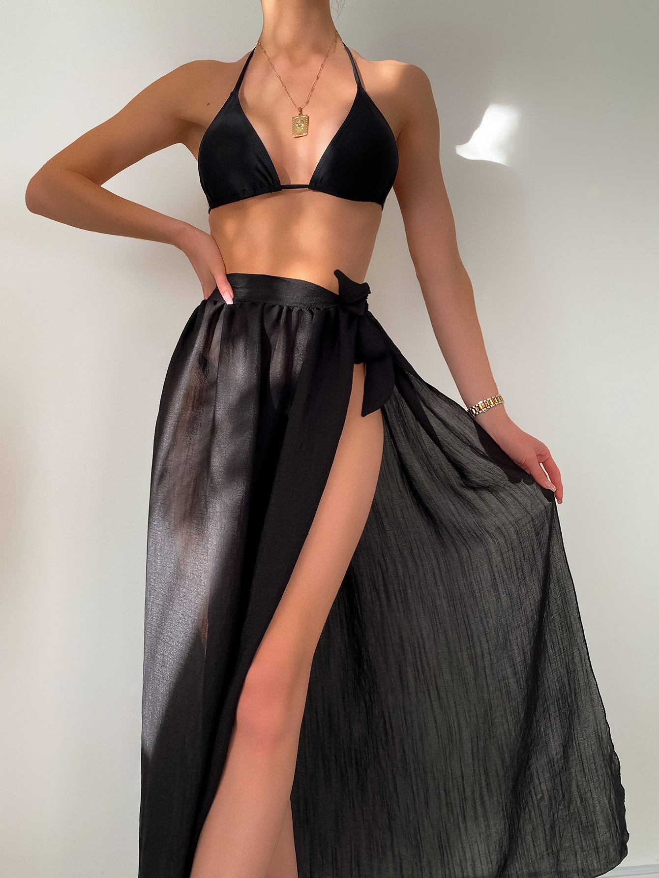 New Solid Color Bikini Chiffon Cover Skirt Strap Swimsuit Set