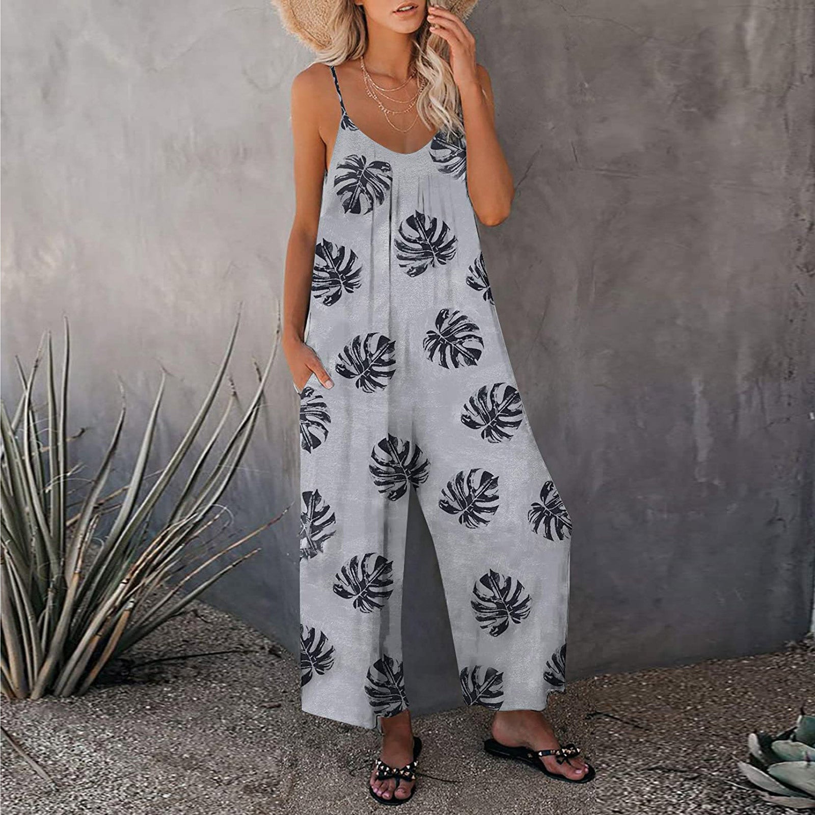 Summer New Style Sling Print Loose Jumpsuit Women