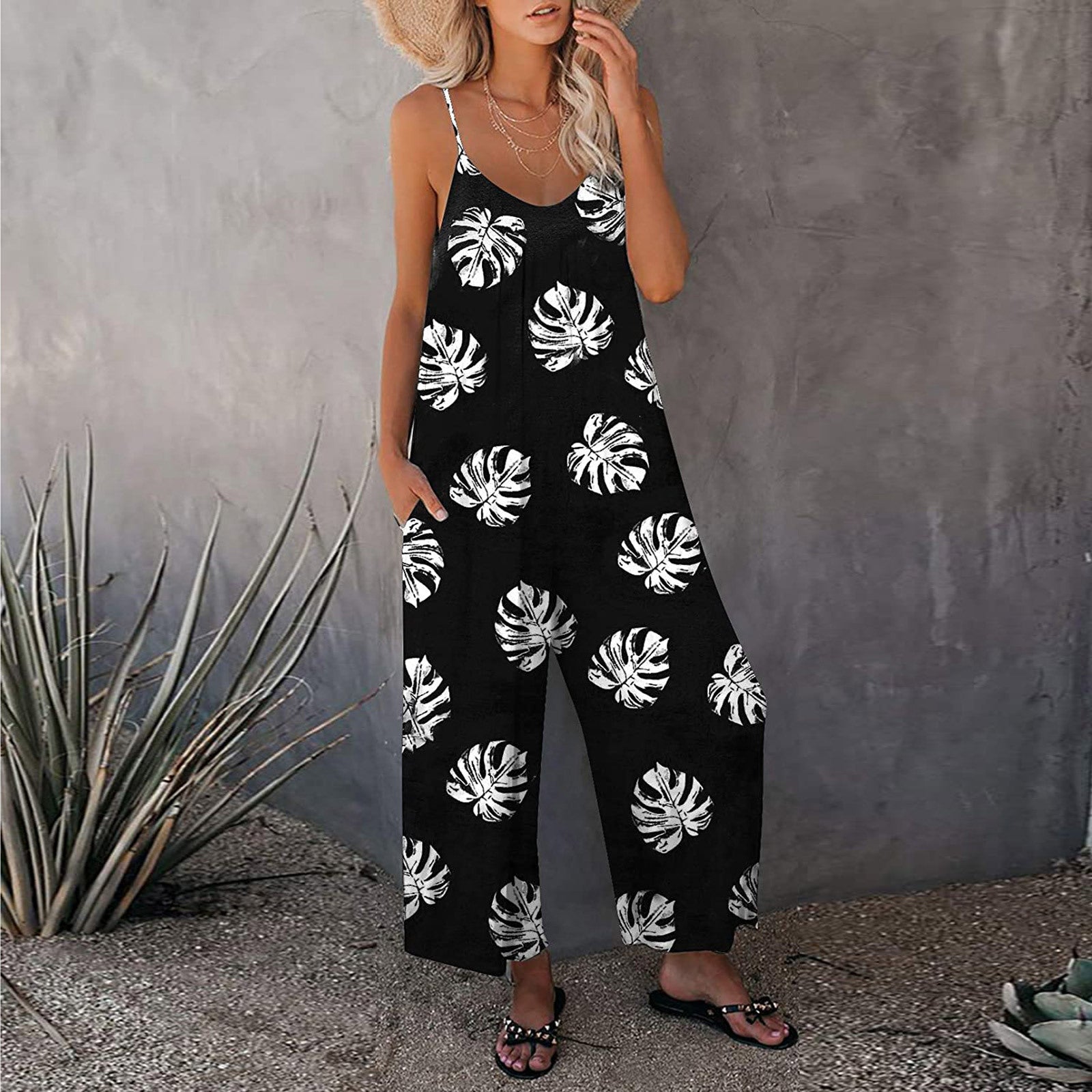 Summer New Style Sling Print Loose Jumpsuit Women