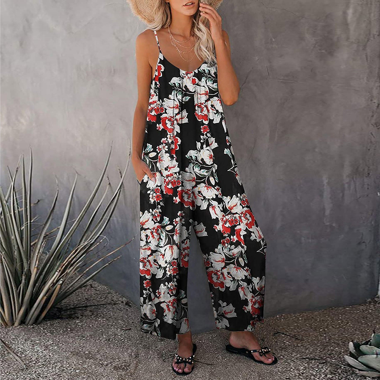 Summer New Style Sling Print Loose Jumpsuit Women