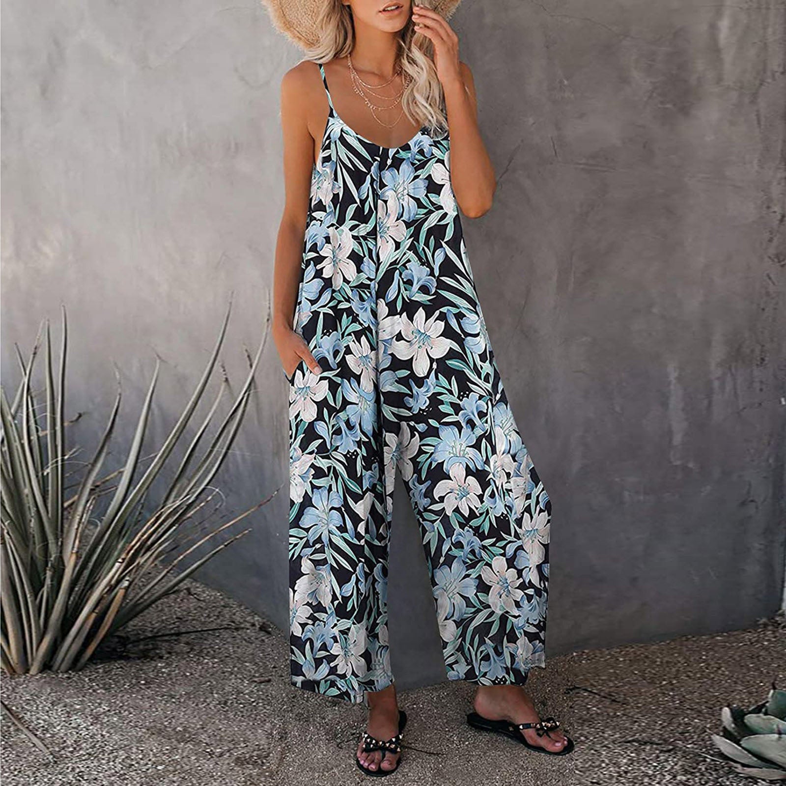 Summer New Style Sling Print Loose Jumpsuit Women