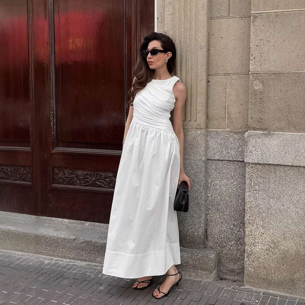 French-style Summer Cotton Crew-Neck Sleeveless Tank Dress For Women