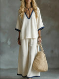 Contrast Trim Linen-Blend Two-Piece Set