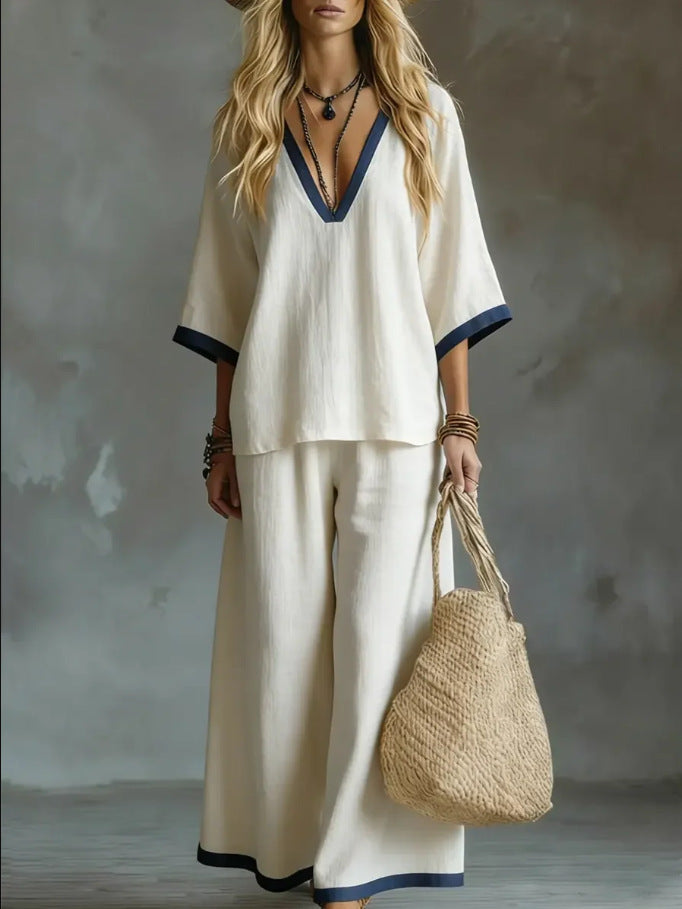 Contrast Trim Linen-Blend Two-Piece Set
