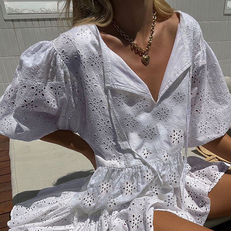 Fashionable Mid-sleeve Cotton Embroidered Dress