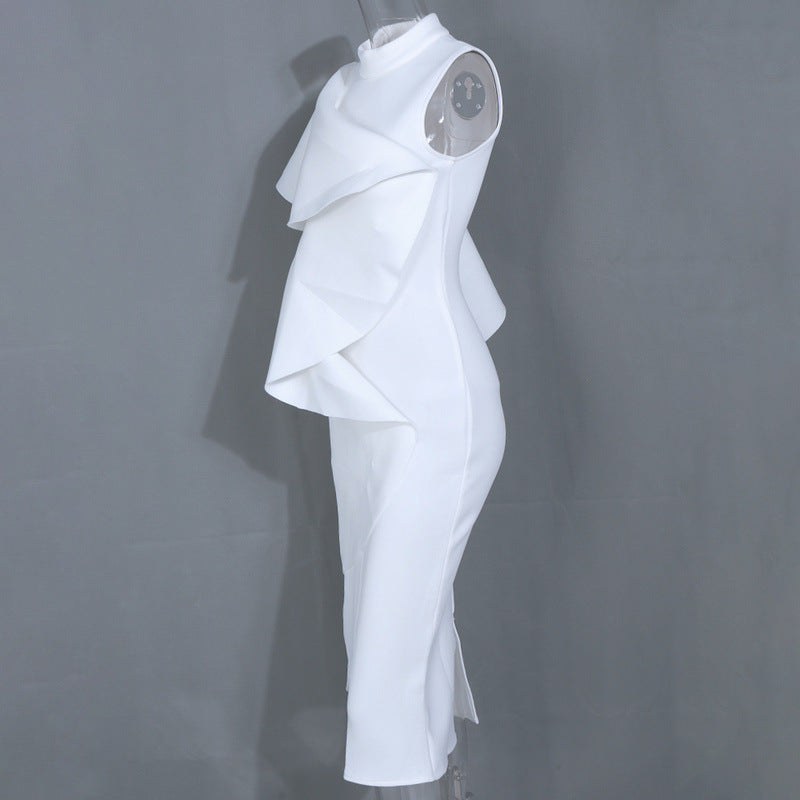 Ruffled space cotton mid-length dress