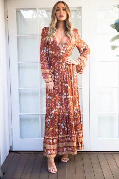Cotton-print long-sleeved dress