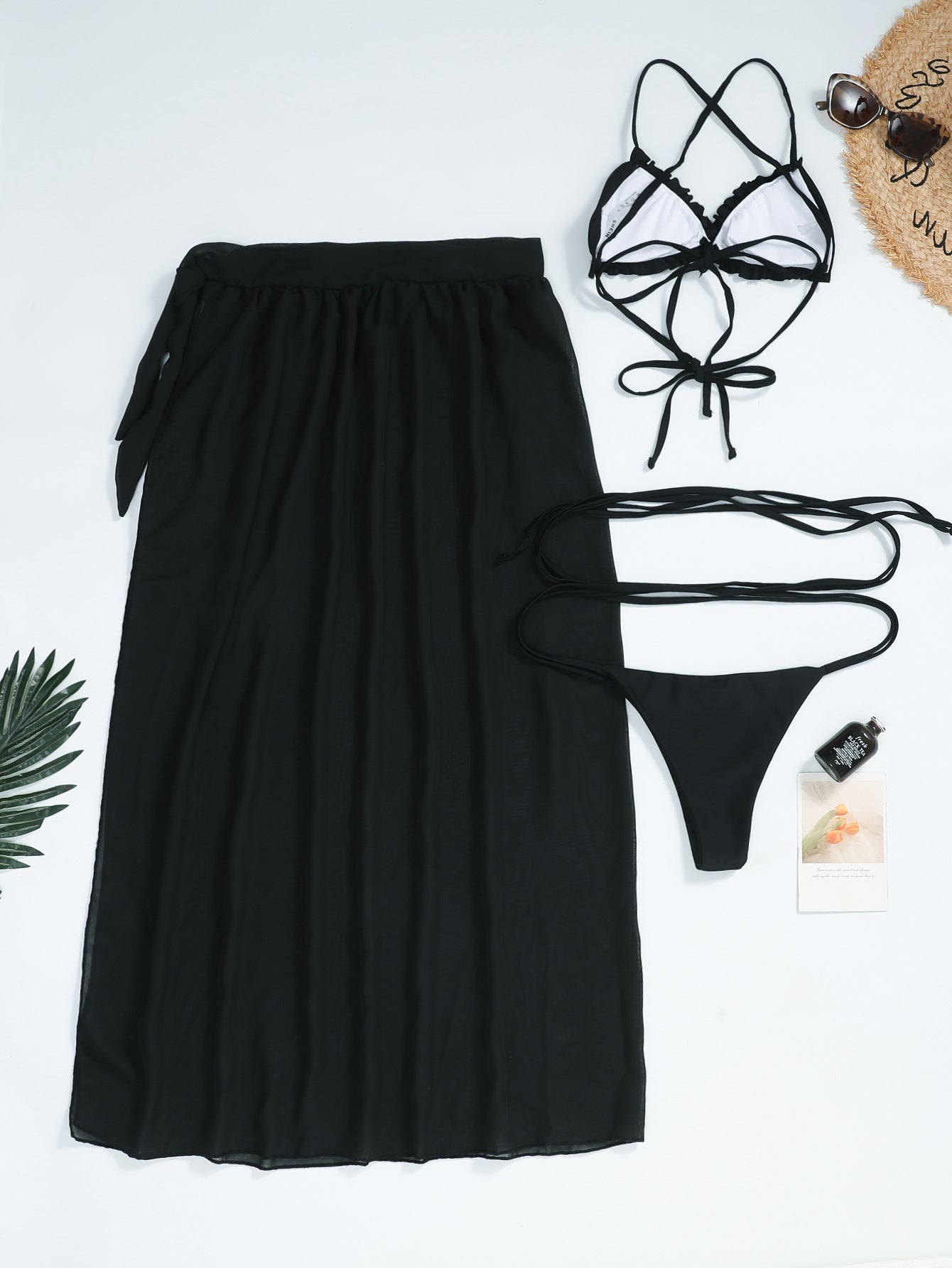 New Solid Color Bikini Chiffon Cover Skirt Strap Swimsuit Set