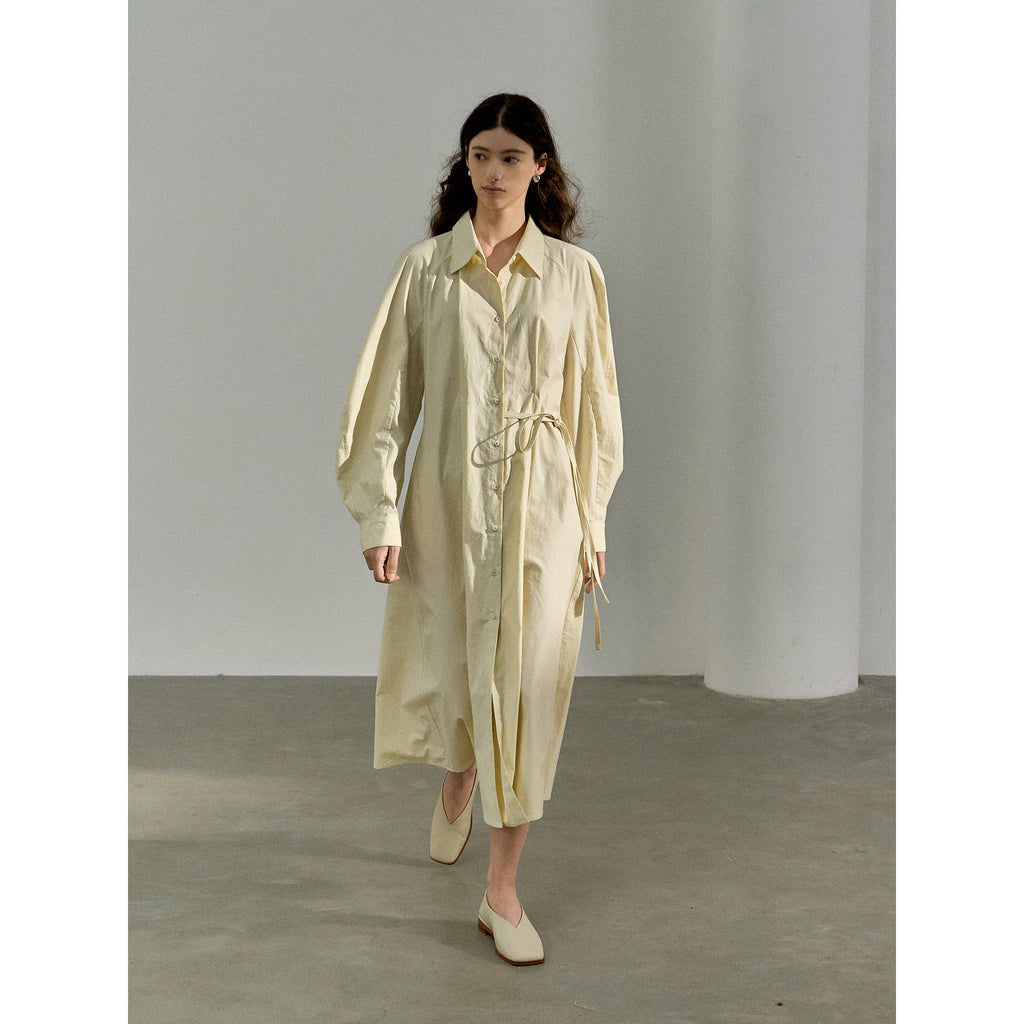 Cotton Brushed Three-dimensional Curved Sleeve Fitted Waist Shirt Dress Women