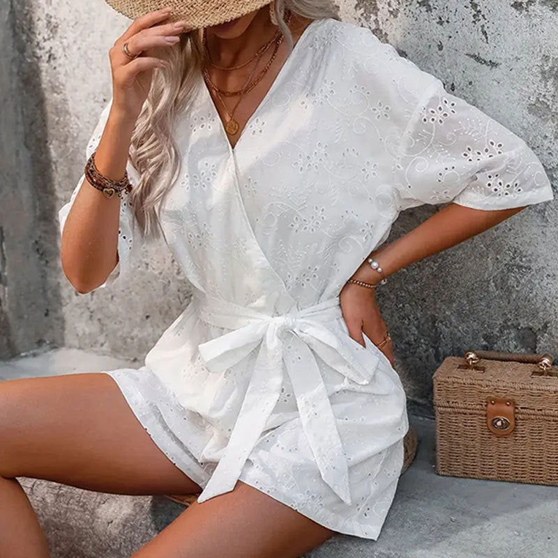 Solid Color Casual Hollow Out Belted Jumpsuit For Women