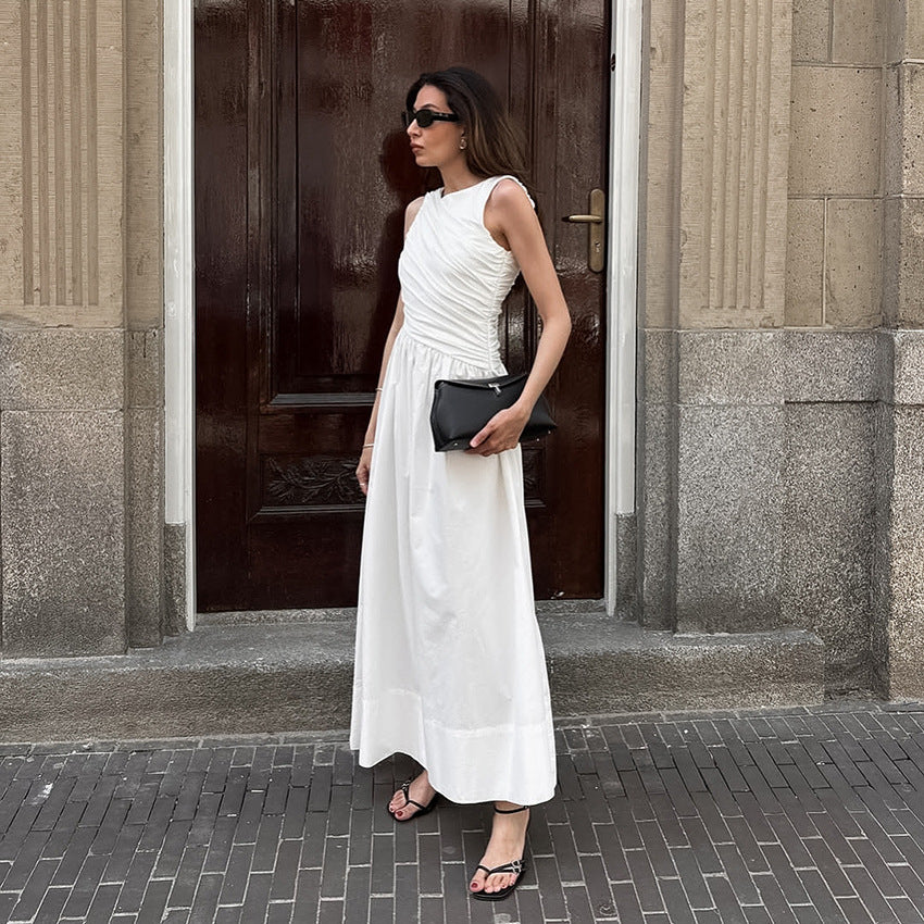 French-style Summer Cotton Crew-Neck Sleeveless Tank Dress For Women