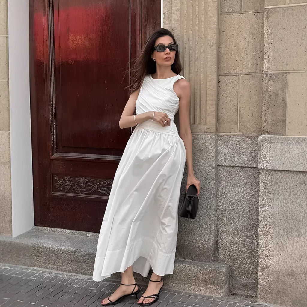 French-style Summer Cotton Crew-Neck Sleeveless Tank Dress For Women