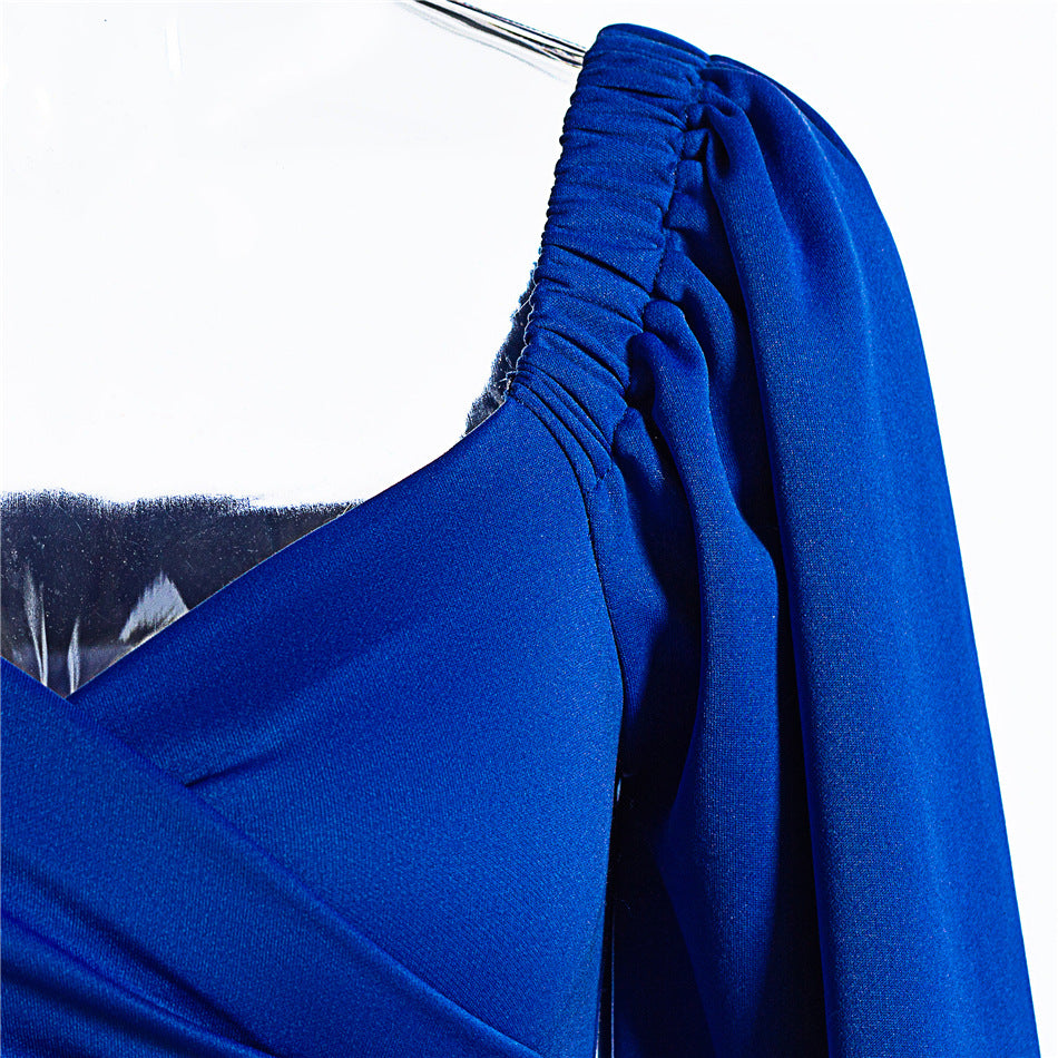 Waist puff sleeve stretch cotton dress