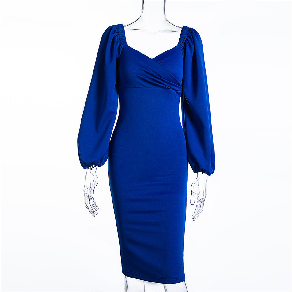 Waist puff sleeve stretch cotton dress