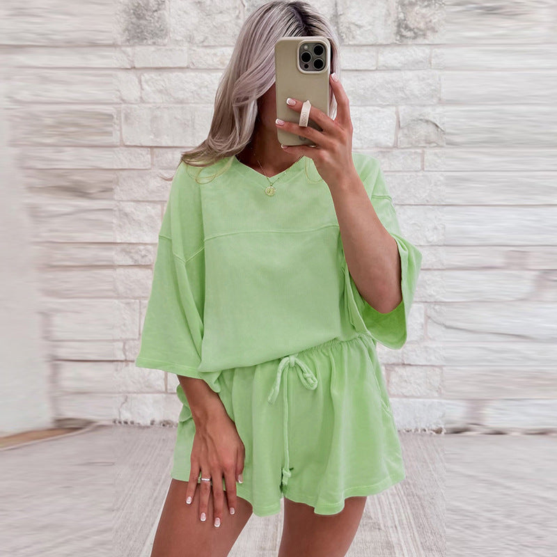 Spring And Summer New Solid Color Short Sleeve Two-piece Set