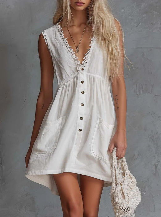 White Loose Cotton And Linen Fashionable Dress For Women