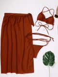 New Solid Color Bikini Chiffon Cover Skirt Strap Swimsuit Set