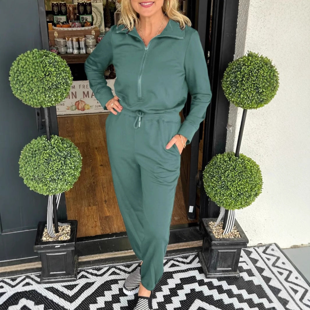 Loose Zip Long Sleeve Polo Collar Jumpsuit Women