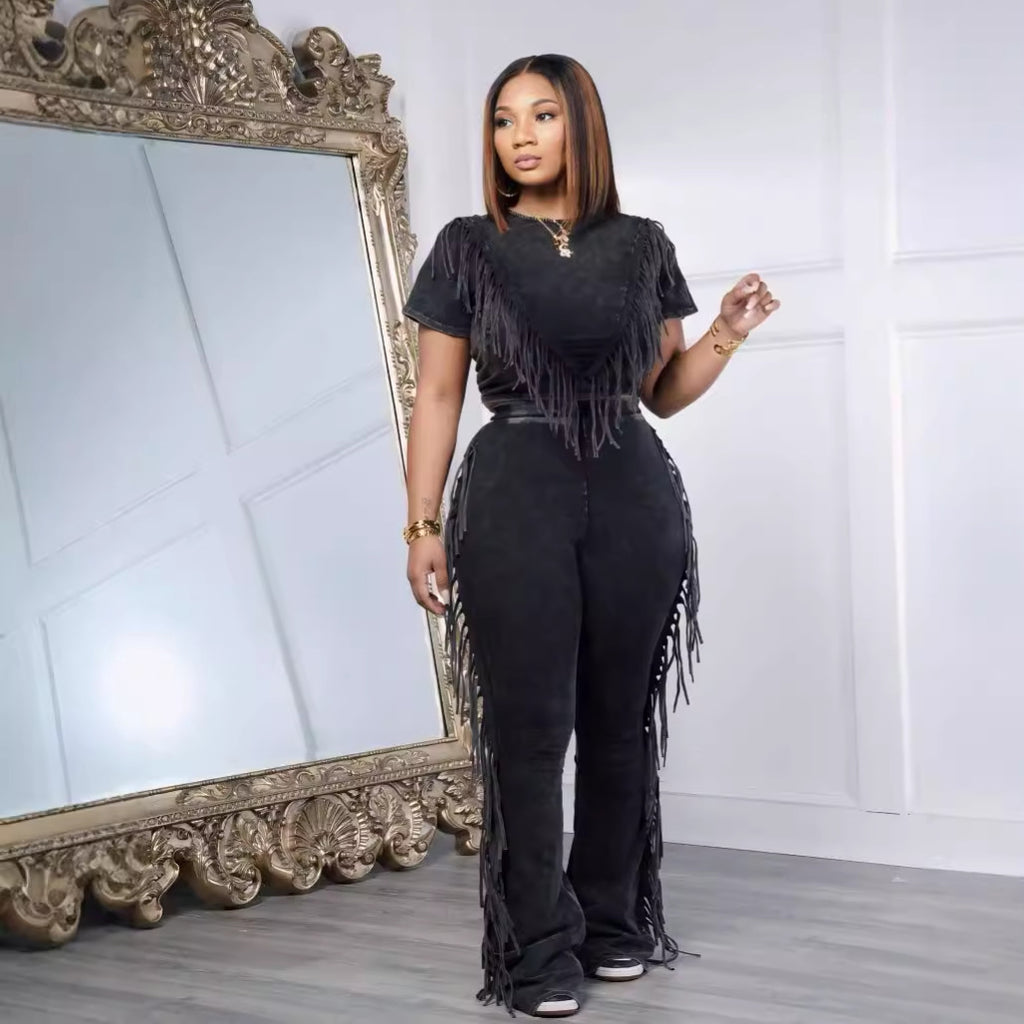Comfort And Casual Tassel Top Wide Leg Pants Suit Two-piece Set