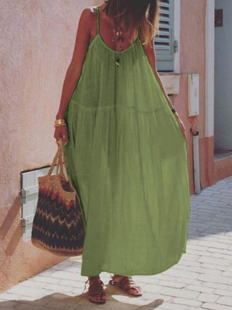 Solid Color Stitching Cotton And Linen Sleeveless Sling Mid-waist Dress For Women