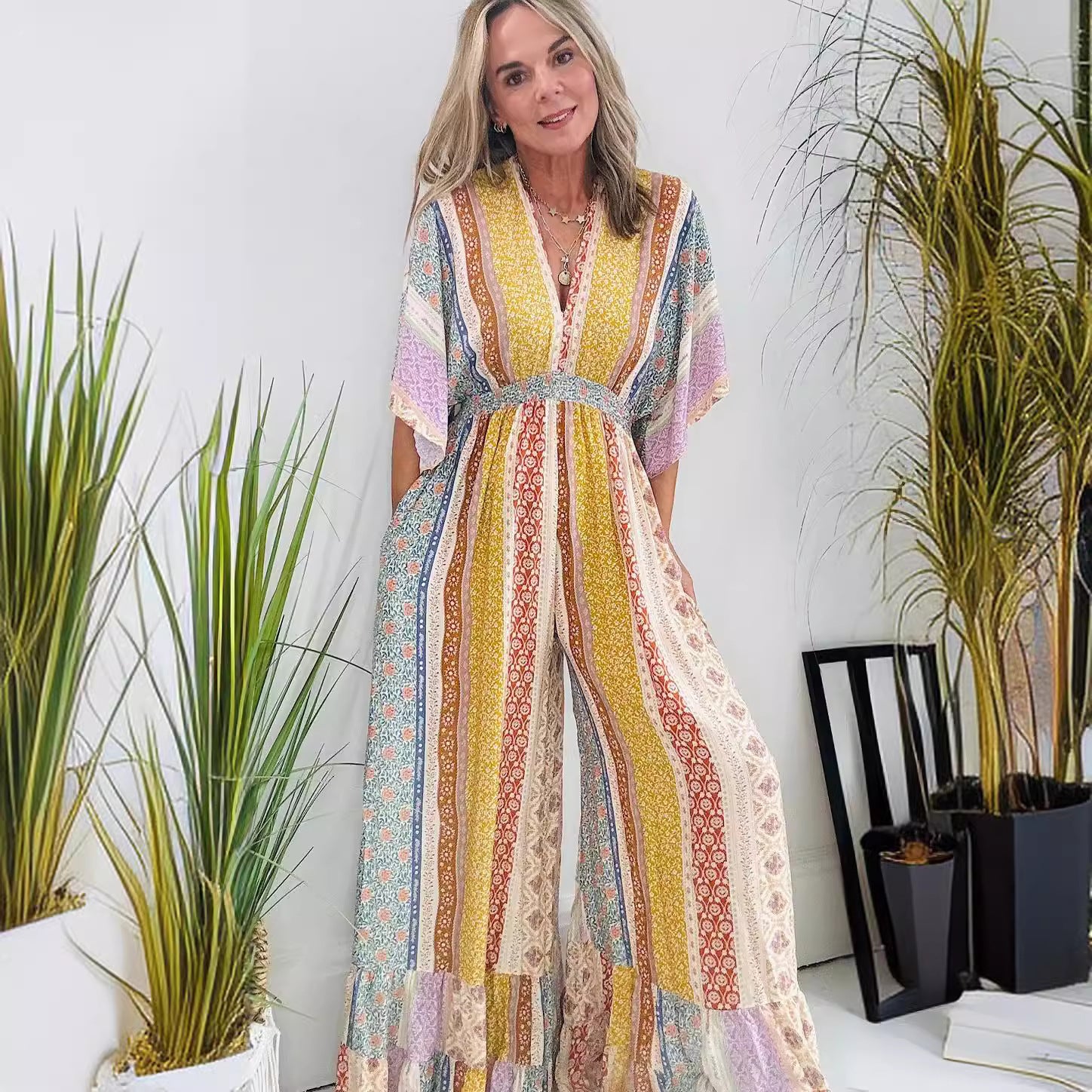 Summer Fashion Printed Wide Leg Leisure Jumpsuit For Women