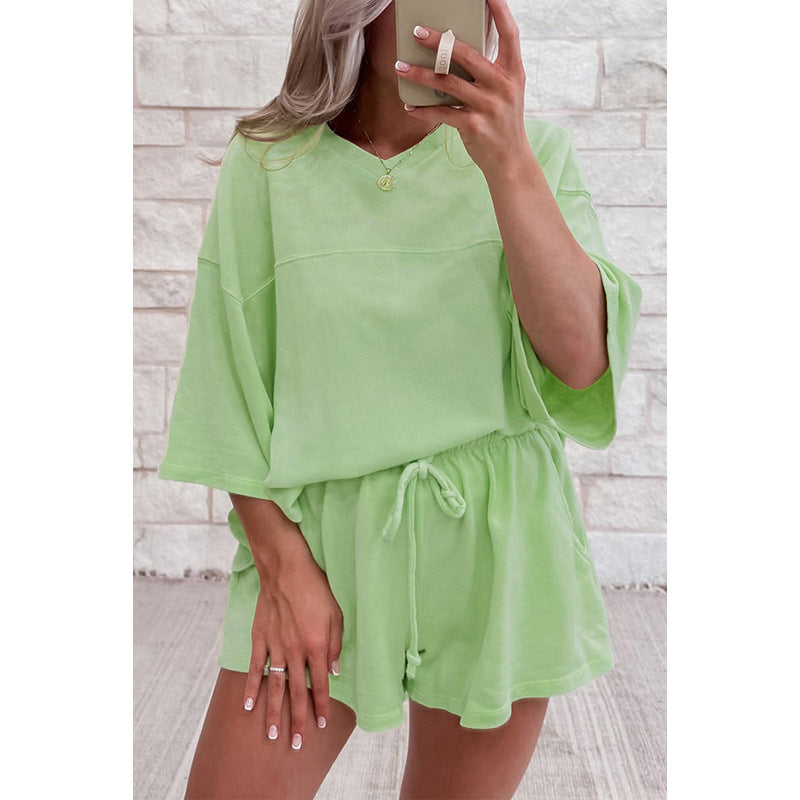Spring And Summer New Solid Color Short Sleeve Two-piece Set