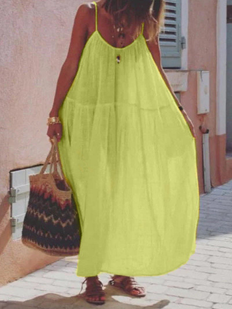 Solid Color Stitching Cotton And Linen Sleeveless Sling Mid-waist Dress For Women