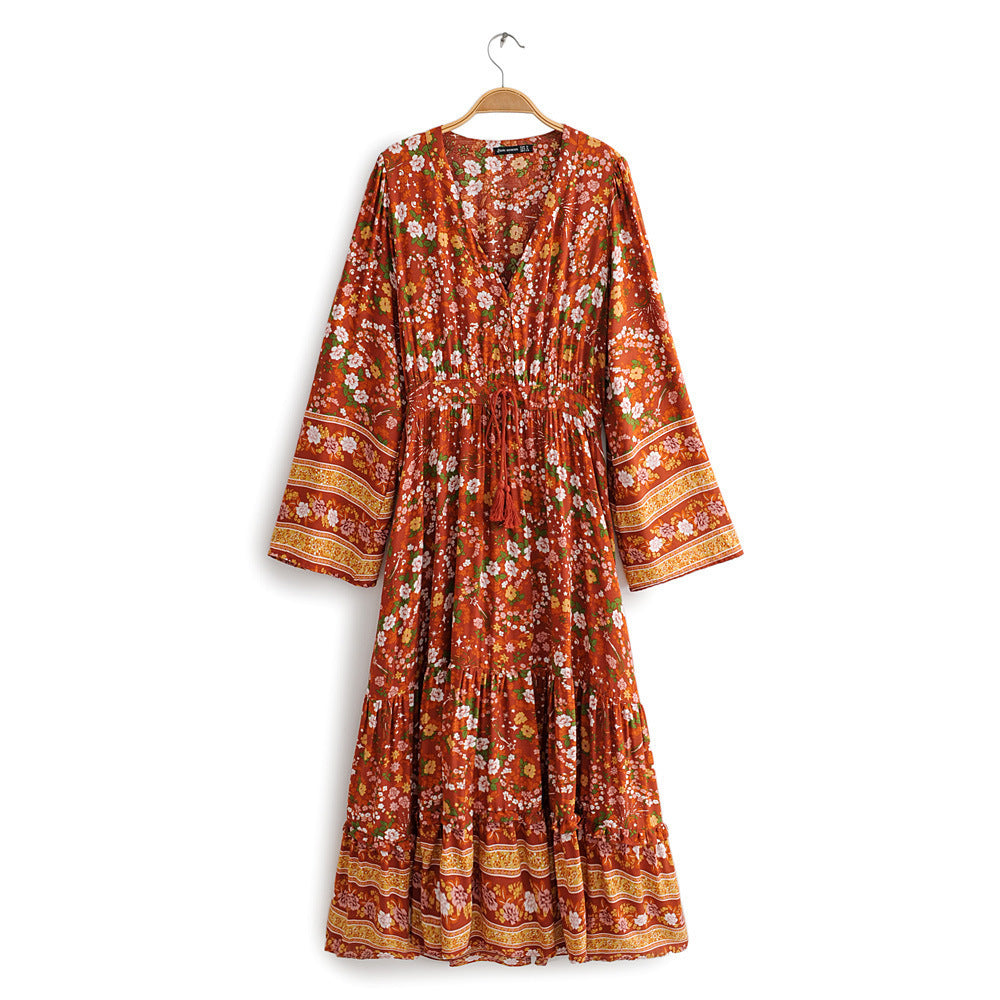 Cotton-print long-sleeved dress