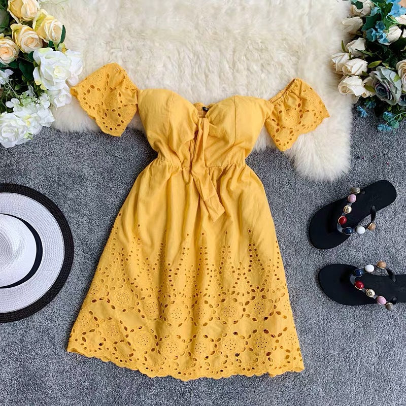 Polly Dress - GreenOne shoulder high waist dress cotton dress