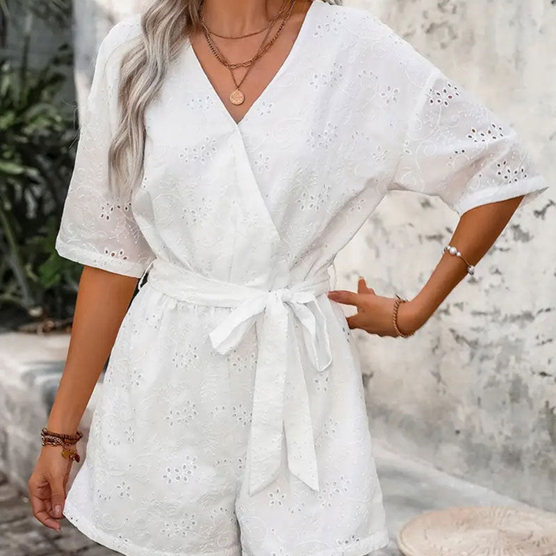 Solid Color Casual Hollow Out Belted Jumpsuit For Women