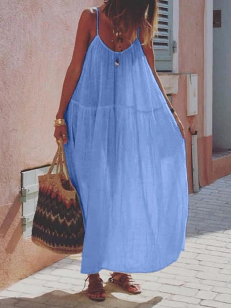 Solid Color Stitching Cotton And Linen Sleeveless Sling Mid-waist Dress For Women