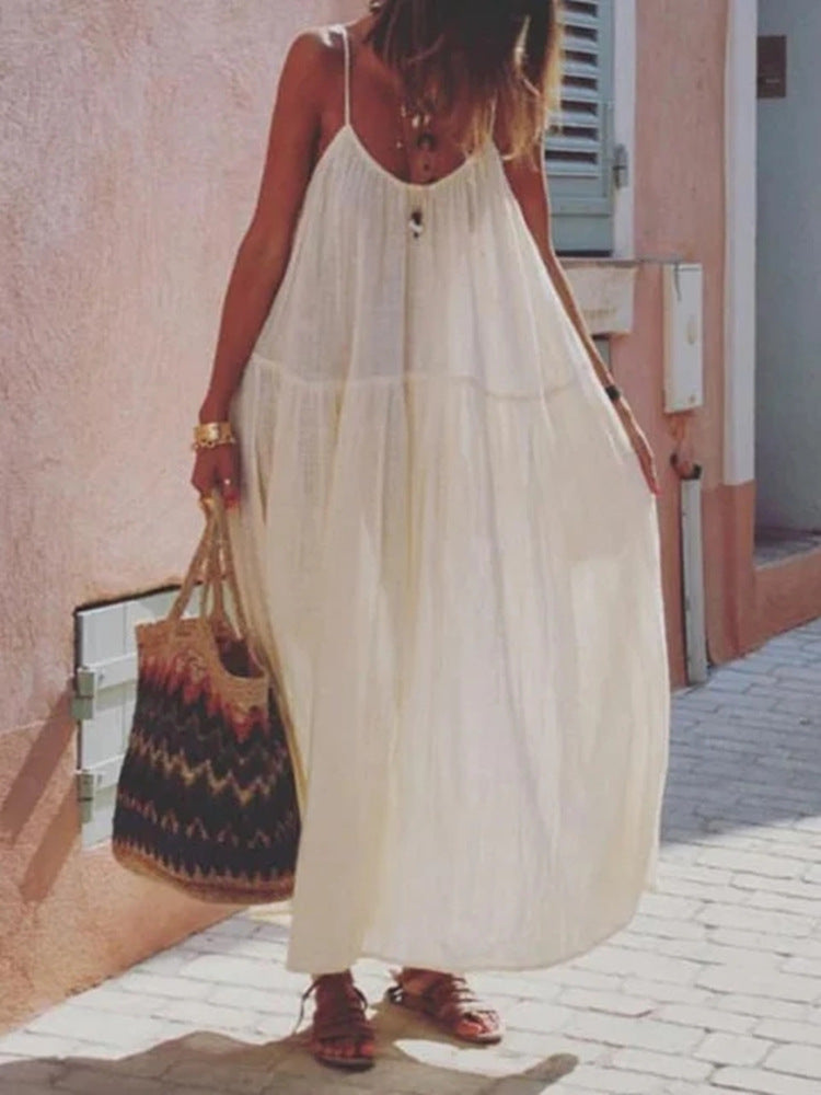 Solid Color Stitching Cotton And Linen Sleeveless Sling Mid-waist Dress For Women