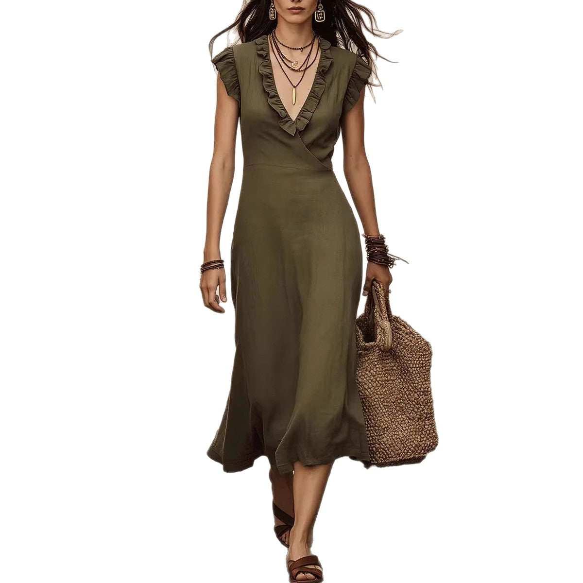 V-neck Cotton-Linen Flutter Sleeve Ruffle-trimmed Midi Dress For Women