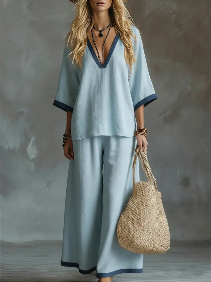 Contrast Trim Linen-Blend Two-Piece Set