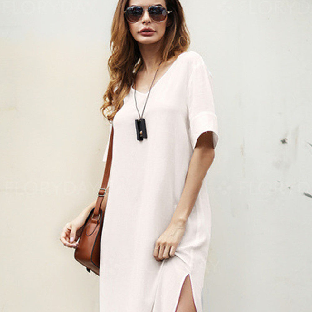 Fashion Solid Cotton And Linen Dress