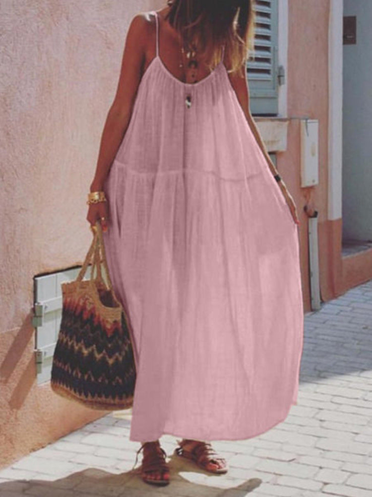 Solid Color Stitching Cotton And Linen Sleeveless Sling Mid-waist Dress For Women