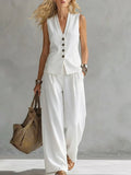 Two-piece V-Neck Sleeveless Vest And Wide Leg Pants For Women Summer Solid-Colored Sleeveless Casual Linen Tank Top And Pants Set