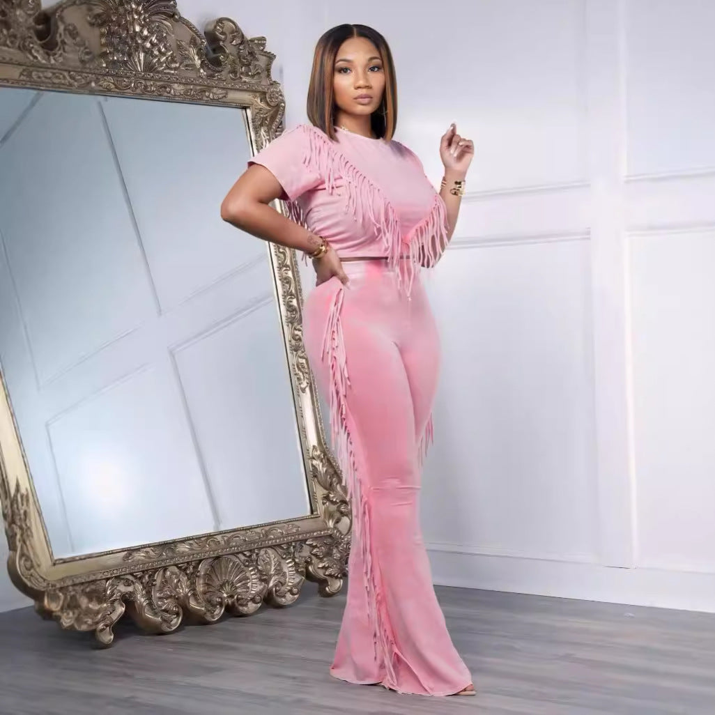Comfort And Casual Tassel Top Wide Leg Pants Suit Two-piece Set