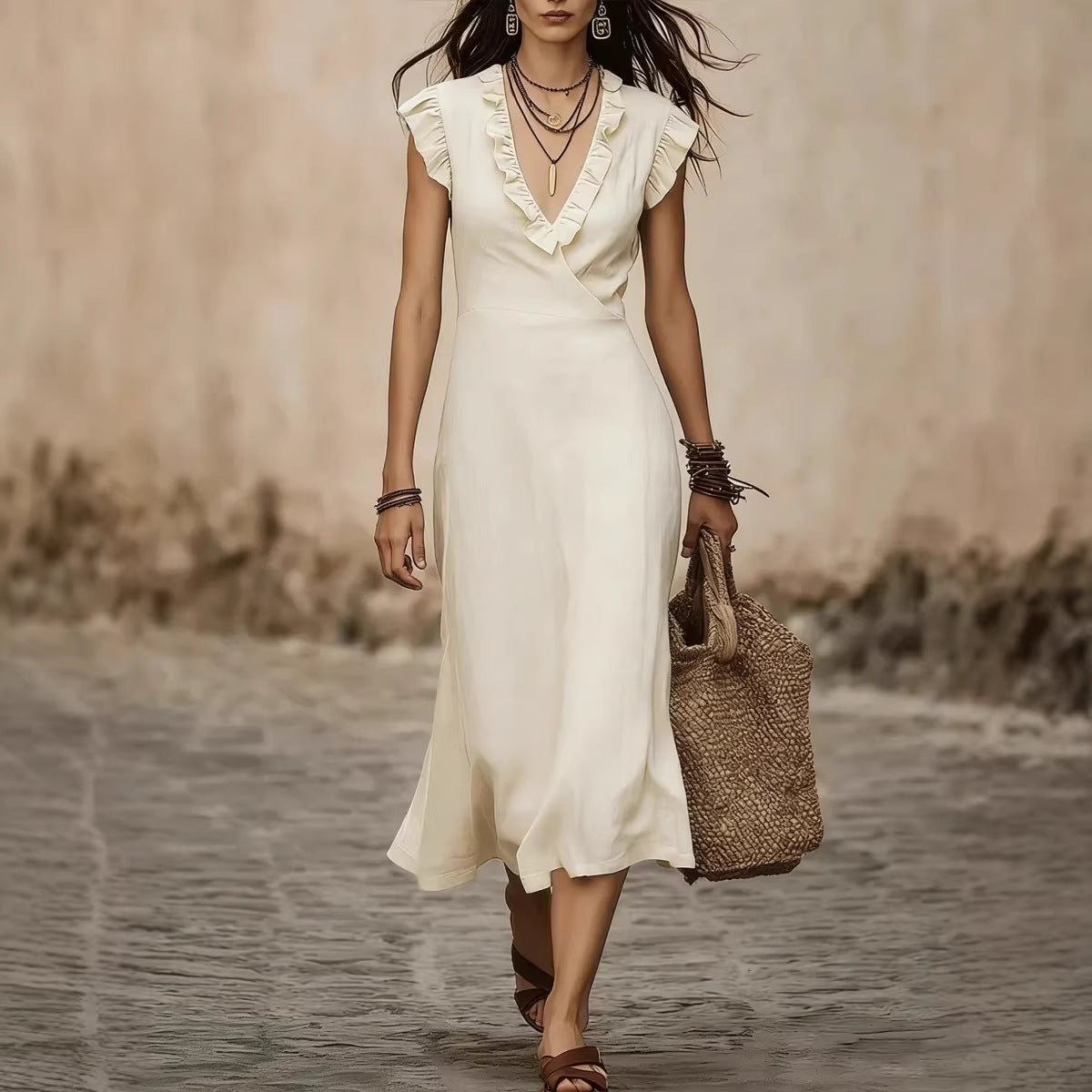 V-neck Cotton-Linen Flutter Sleeve Ruffle-trimmed Midi Dress For Women