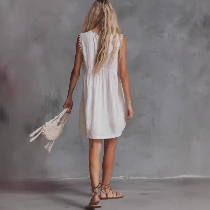 White Loose Cotton And Linen Fashionable Dress For Women