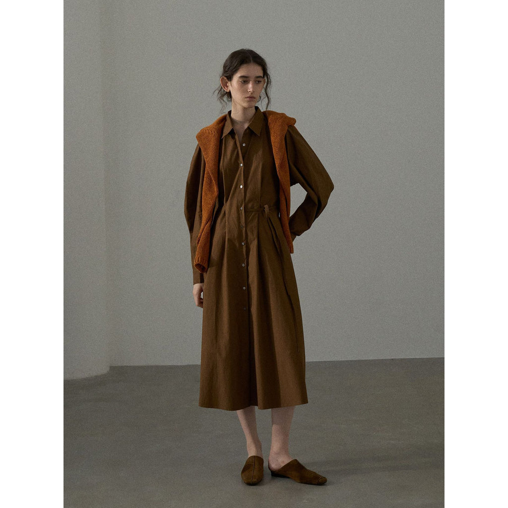 Cotton Brushed Three-dimensional Curved Sleeve Fitted Waist Shirt Dress Women