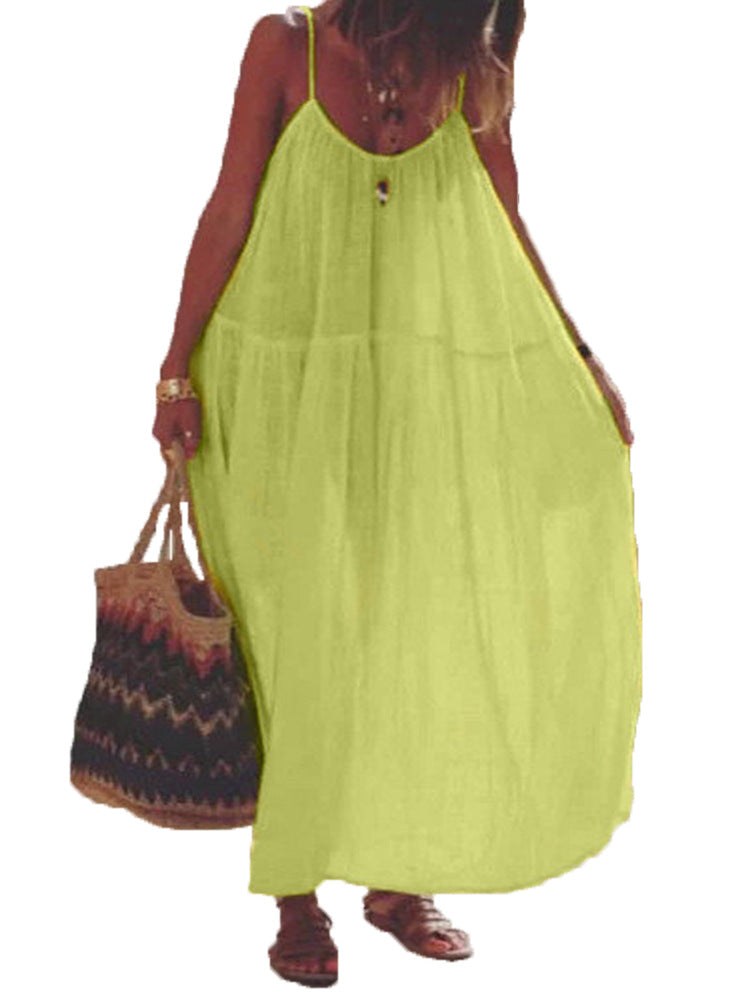 Solid Color Stitching Cotton And Linen Sleeveless Sling Mid-waist Dress For Women