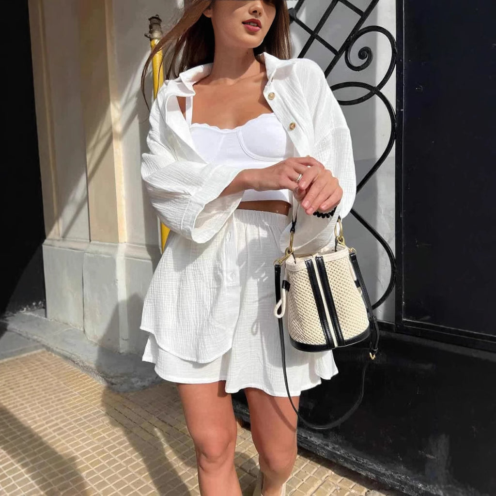 Women's Solid Color Cardigan Breasted Top Fashion Shorts Two-piece Set