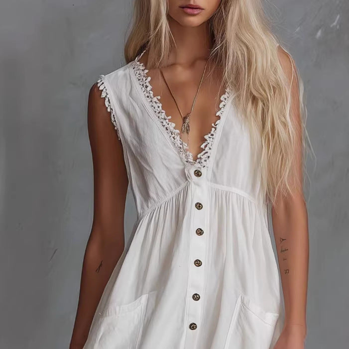 White Loose Cotton And Linen Fashionable Dress For Women