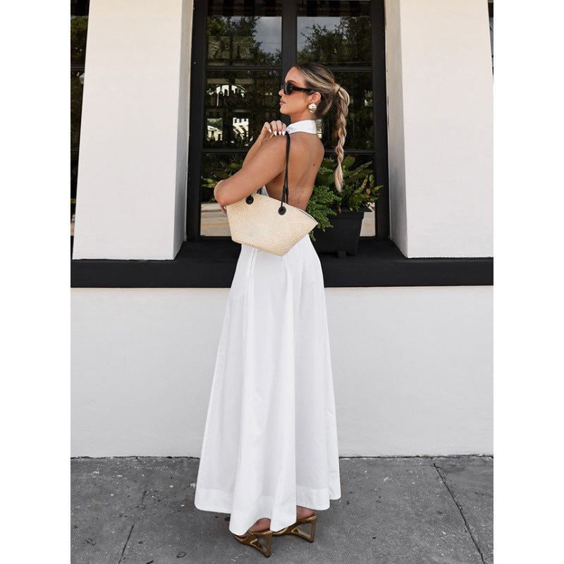 Resort-style White Pure Cotton Single-breasted Sleeveless Halter Dress For Women