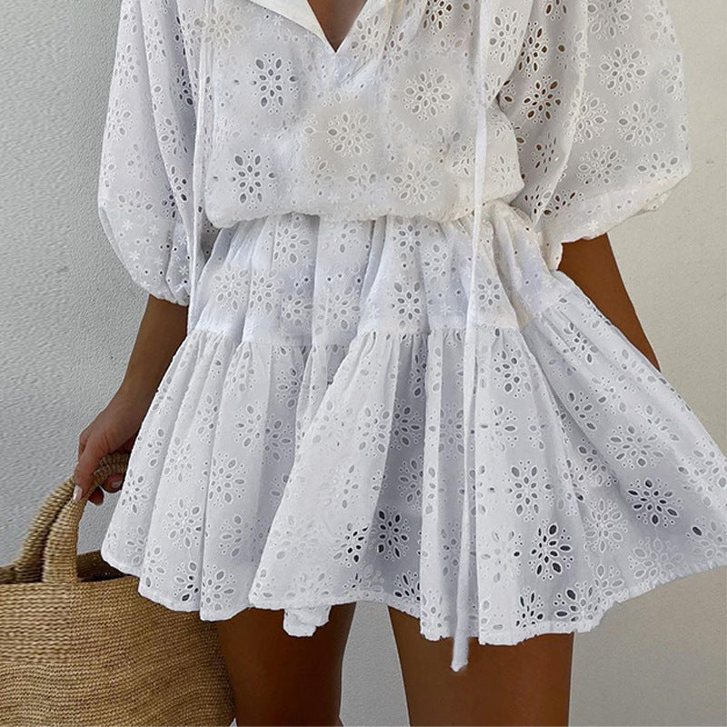 Fashionable Mid-sleeve Cotton Embroidered Dress
