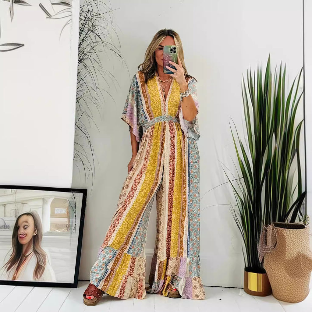 Summer Fashion Printed Wide Leg Leisure Jumpsuit For Women