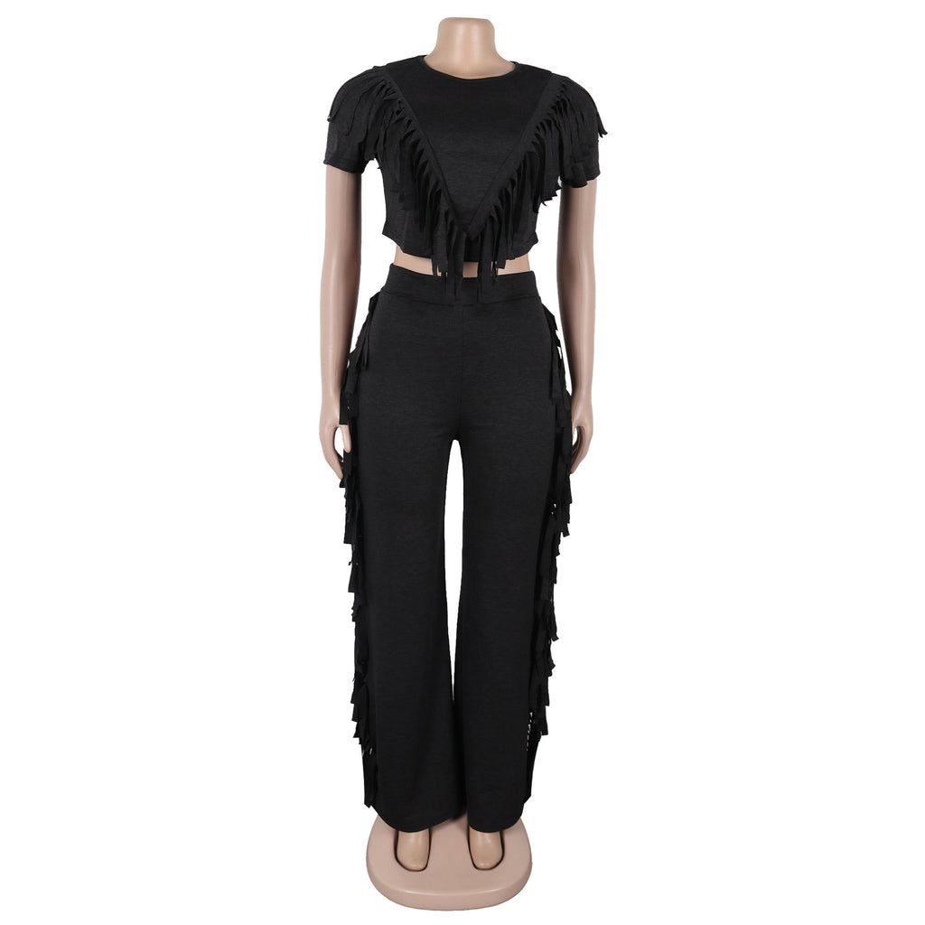 Comfort And Casual Tassel Top Wide Leg Pants Suit Two-piece Set