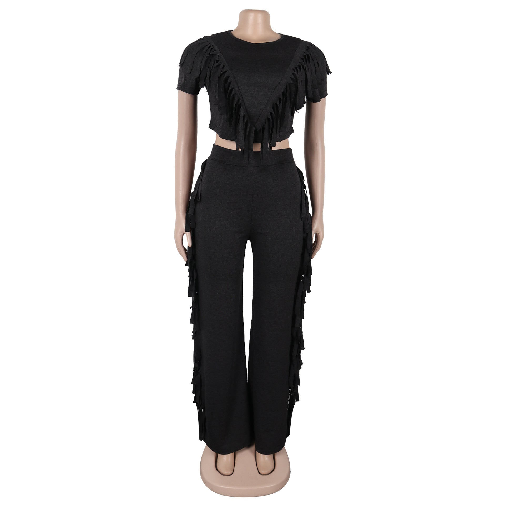 Comfort And Casual Tassel Top Wide Leg Pants Suit Two-piece Set
